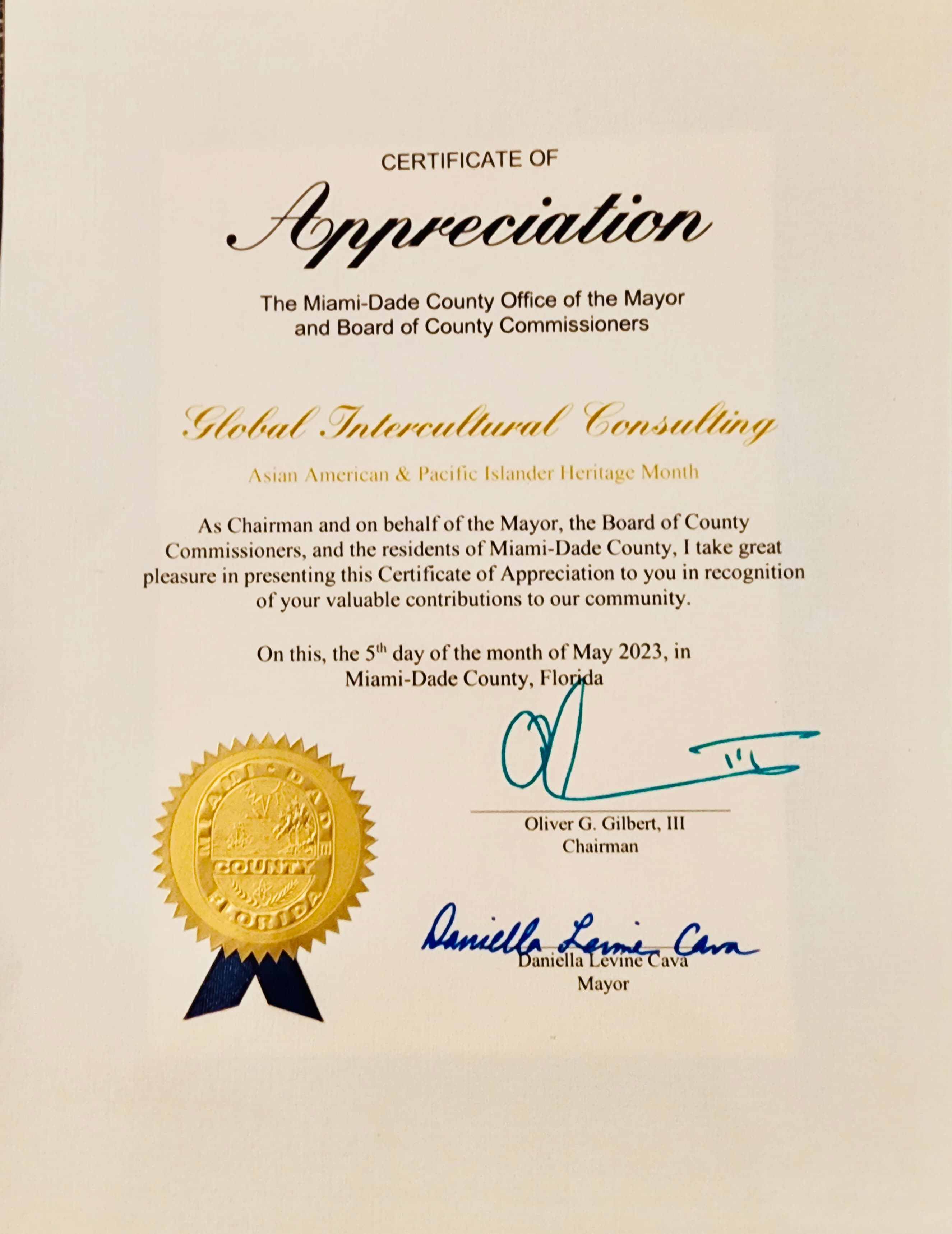 Certificate of Appreciation from the Miami-Dade County Office of the Mayor and Board of County Commissioners, presented to Global ICQ for Asian American & Pacific Islander Heritage Month, May 2023